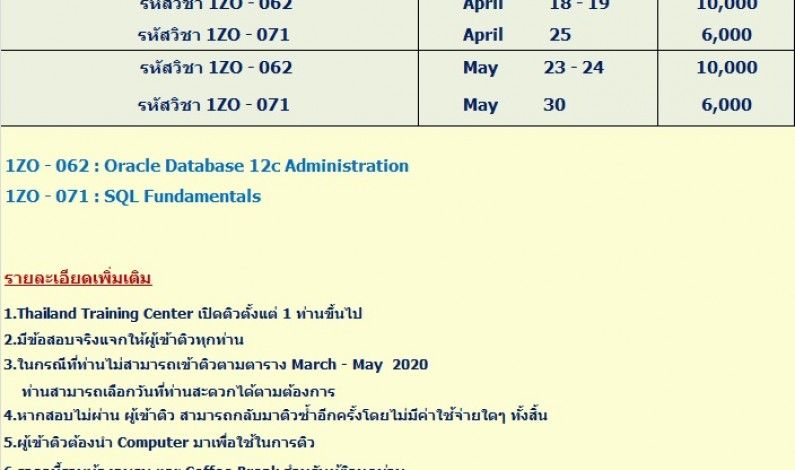 Thailand Training Center  เปิดติวข้อสอบ OCA 12c เพื่อสอบใบเซอร์ Oracle Certified Associate  ประจำเดือน  มีนาคม  –  พฤษภาคม  2563